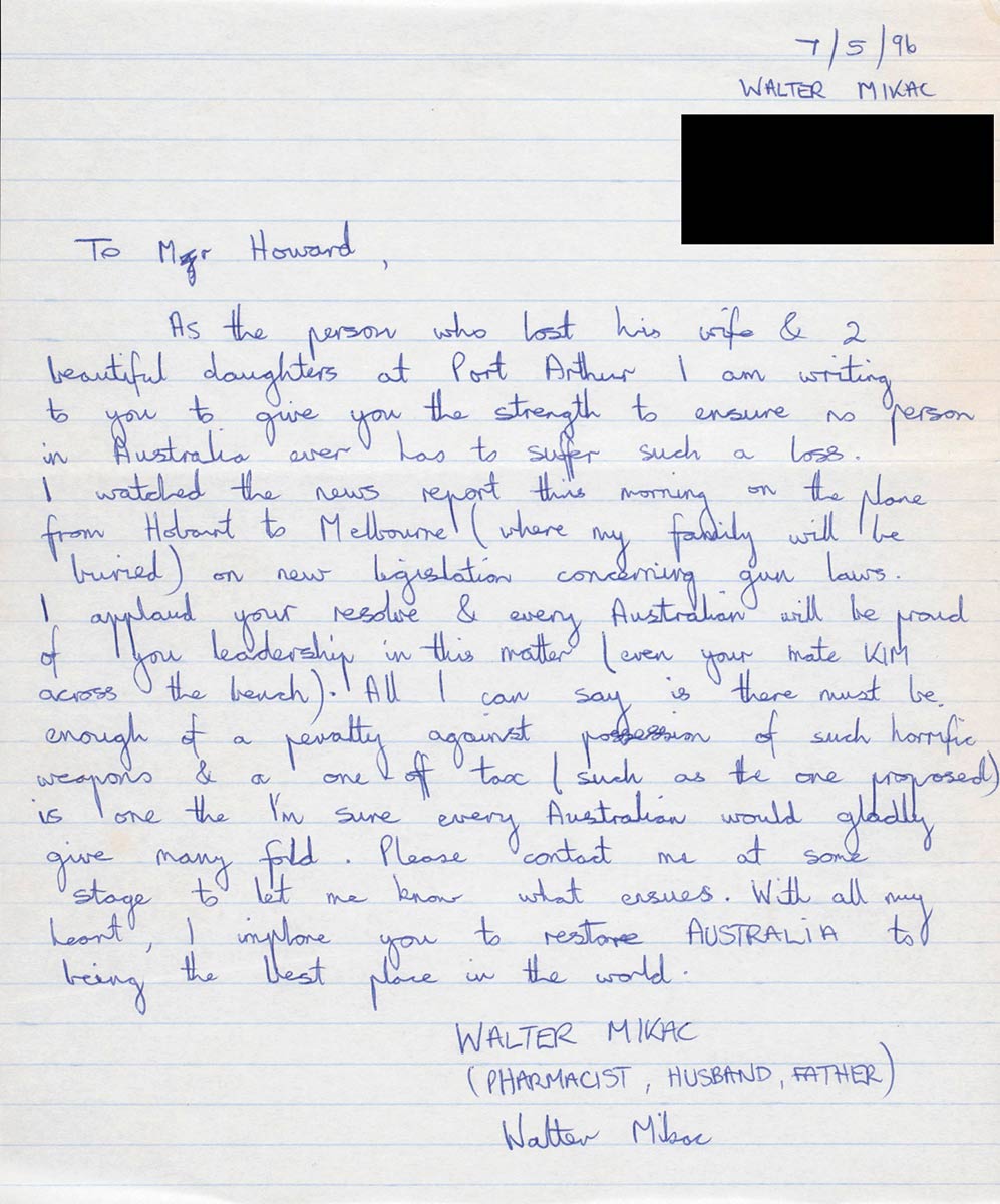 Handwritten letter with address blacked out, top right, from Walter Mikac to John Howard. - click to view larger image