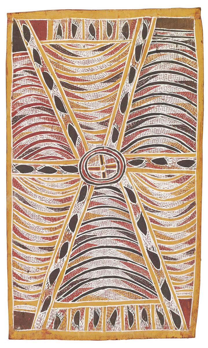 A bark painting worked with ochres on bark. It depicts six bands radiating out from a central circ. Each band depicts black and white footprints with more footprints at the top and foot of the bark. The spaces in between the bands depict curved yellow, black and red linear shapes.The painting has a yellow border. - click to view larger image