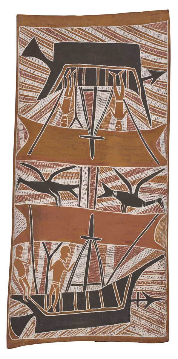 A bark painting worked with ochres on bark. It depicts two ships one inverted above the other. Each ship has a a tripod mast, a sail, anchor, and steering sweep. There are two figures aboard each boat, one with a forked spear, and the second with a pole. The painting depicts two birds between the two ships. The painting has a background of cross-hatching, with yellow bands below each boat. - click to view larger image
