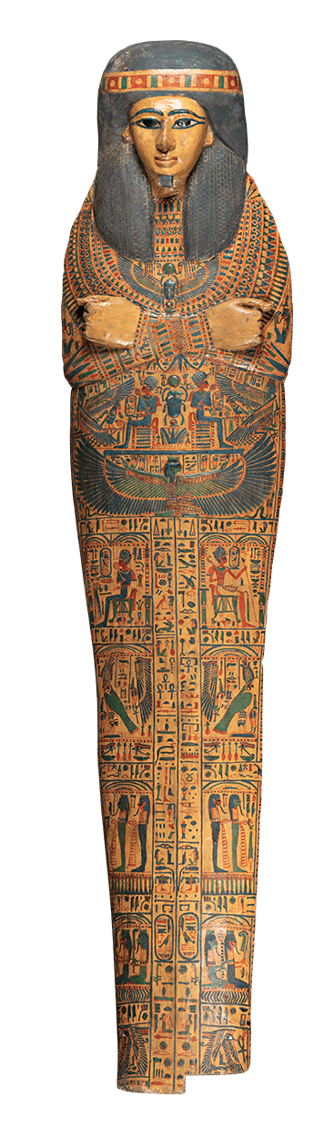 A full view of a yellow mummy cover, densely inscribed with hieroglyphs.