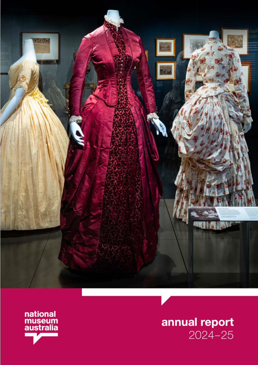 Annual report cover for National Museum showing image of three dresses on show in a gallery.