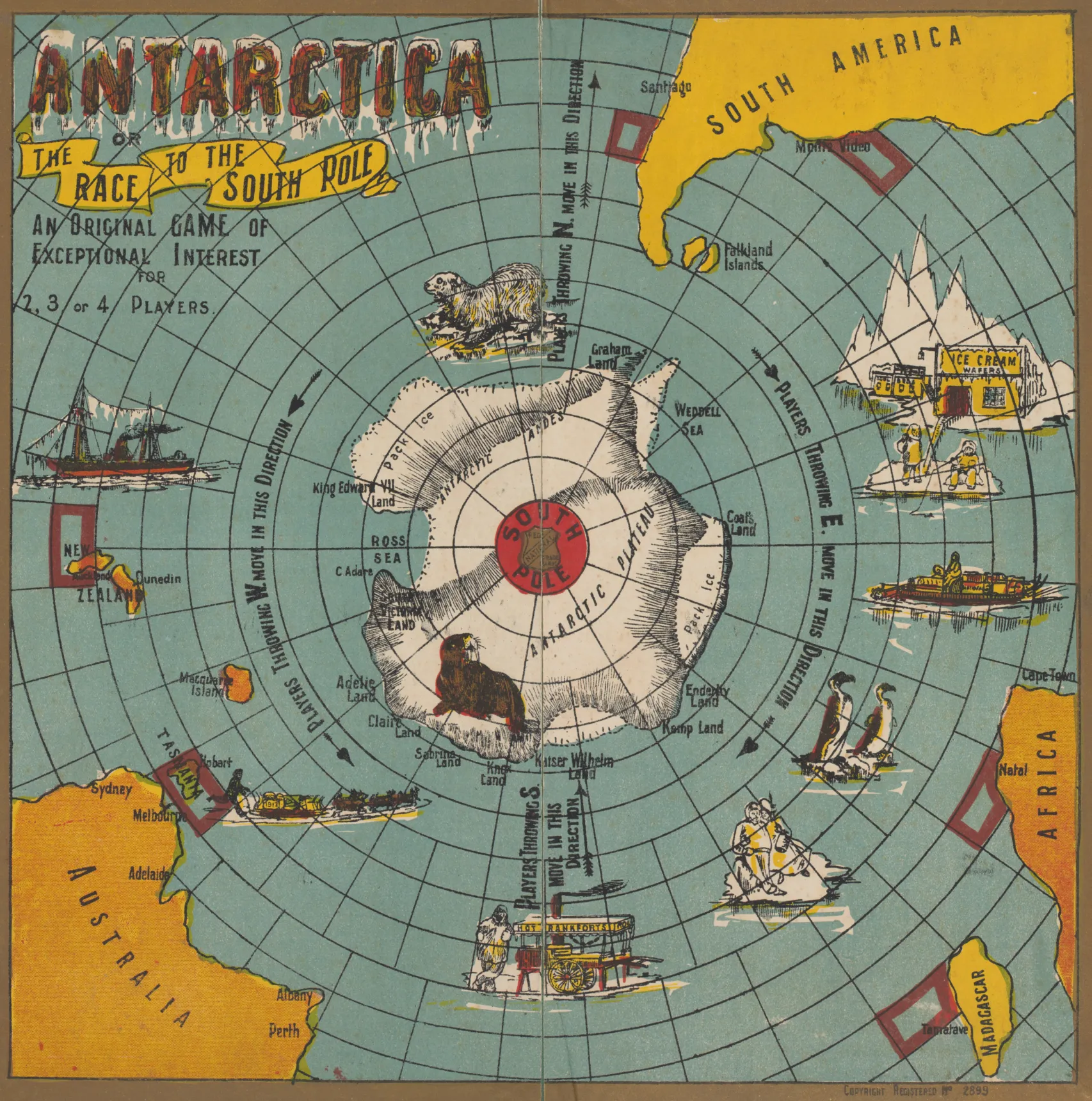 Pale blue coloured board game titled 'Antarctica or Race to the South Pole' showing a gridded map of Antarctica with parts of Australia and South America visible on either corner. A walrus rests on ice on Antarctica.