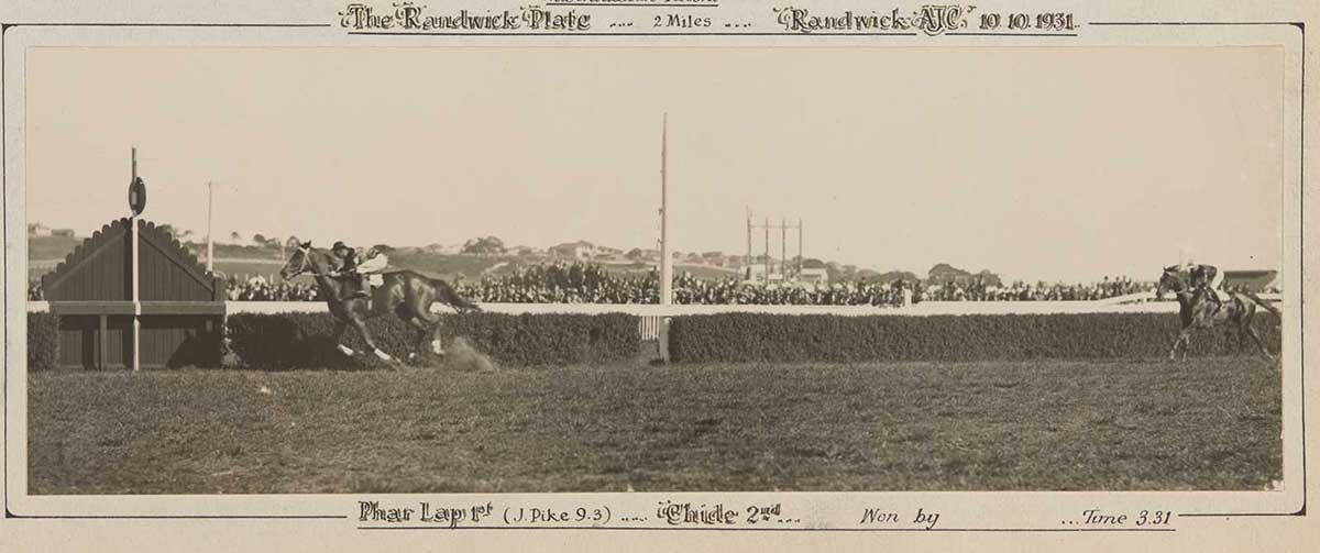 A black and white photo of Phar Lap winning the Randwick Cup, 1931. - click to view larger image