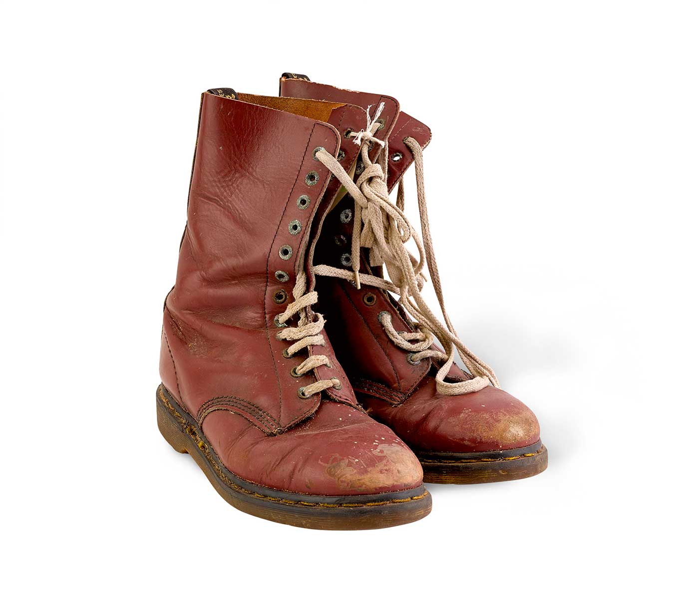 A pair of maroon leather Doc Martens boots - click to view larger image