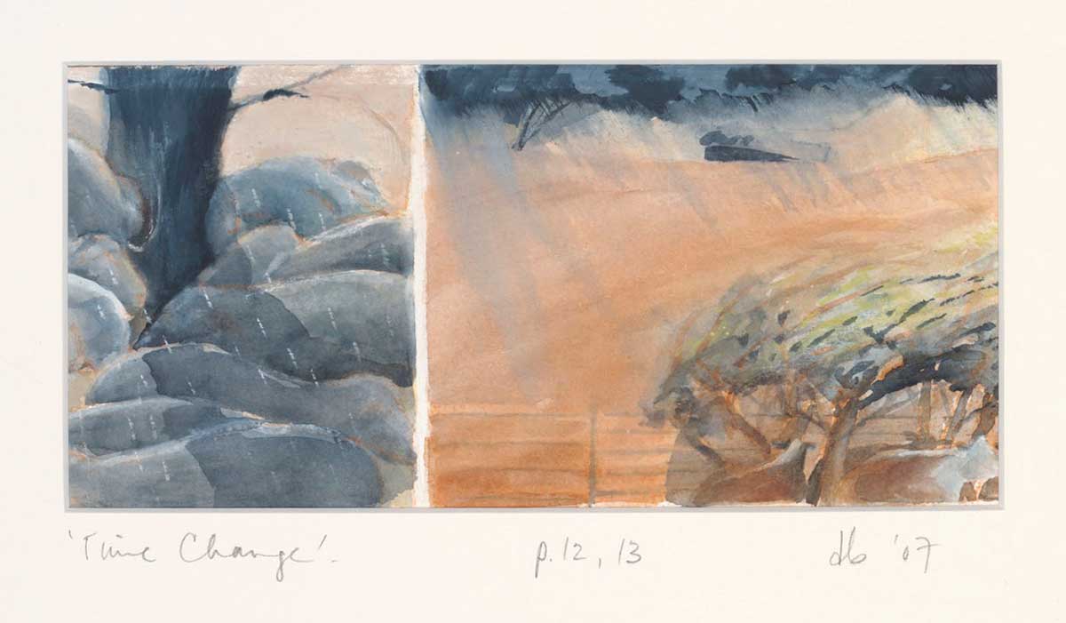 A watercolour painting on paper divided into two panels mounted on white cardboard. The painting depicts a landscape during rain, mounted on white cardboard. Handwritten text below reads ''Time Change' p.12, 13 db '07'.
