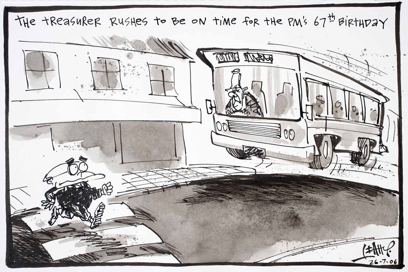 Political cartoon of Peter Costello driving a bus very fast trying to be on time for the Prime Minister's 67th birthday. Ahead of him is John Howard walking across a pedestrian crossing. - click to view larger image