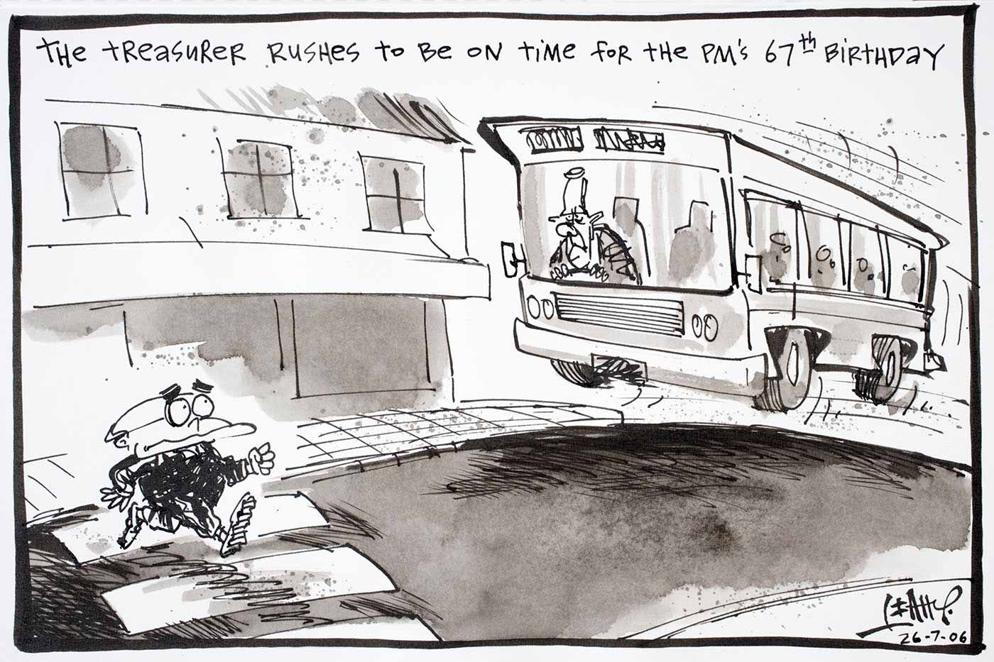 Cartoon of Peter Costello driving a bus very fast trying to be on time for the Prime Minister's 67th birthday. Ahead of him is John Howard walking across a pedestrian crossing - click to view larger image