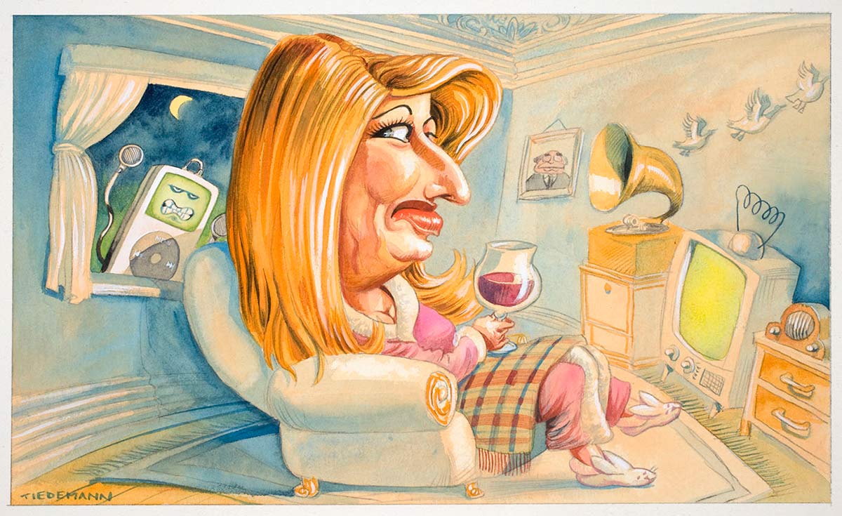 Cartoon of Communications Minister, Senator Helen Coonan relaxing in an armchair drinking a glass of wine and watching television, with an irate iPod outside her window. - click to view larger image