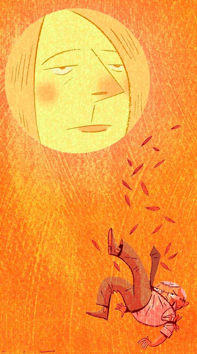 A colour cartoon depicting Kevin Rudd as Icarus. He is seen in the bottom right of the cartoon, falling from the sky. He wears trousers, a shirt and tie. He leaves a trail of feathers as he falls. The sun is seen in the top left of the cartoon. It is unmistakenly Julia Gillard, with an implacable expression on her face. - click to view larger image