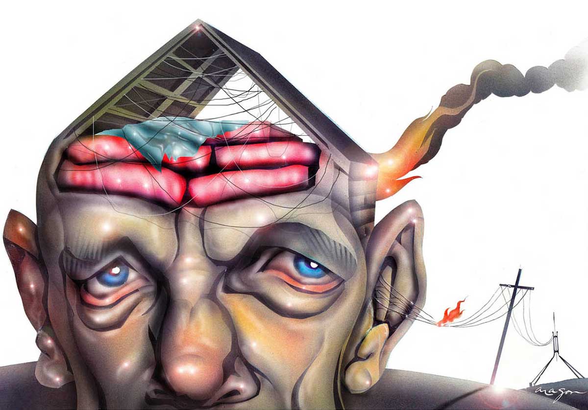 A colour cartoon depicting Peter Garrett with a roof on the top of his head. Inside the roof are pink insulation batts and lots of wiring hanging down. A fire burns at the back of the roof, behind his left ear. A set of wires emerge from his left ear and connect to a power pole in the distance. A flame jumps from one of the lines. In the far distance the wires attach to the flagpole over Australia's Parliament House. - click to view larger image
