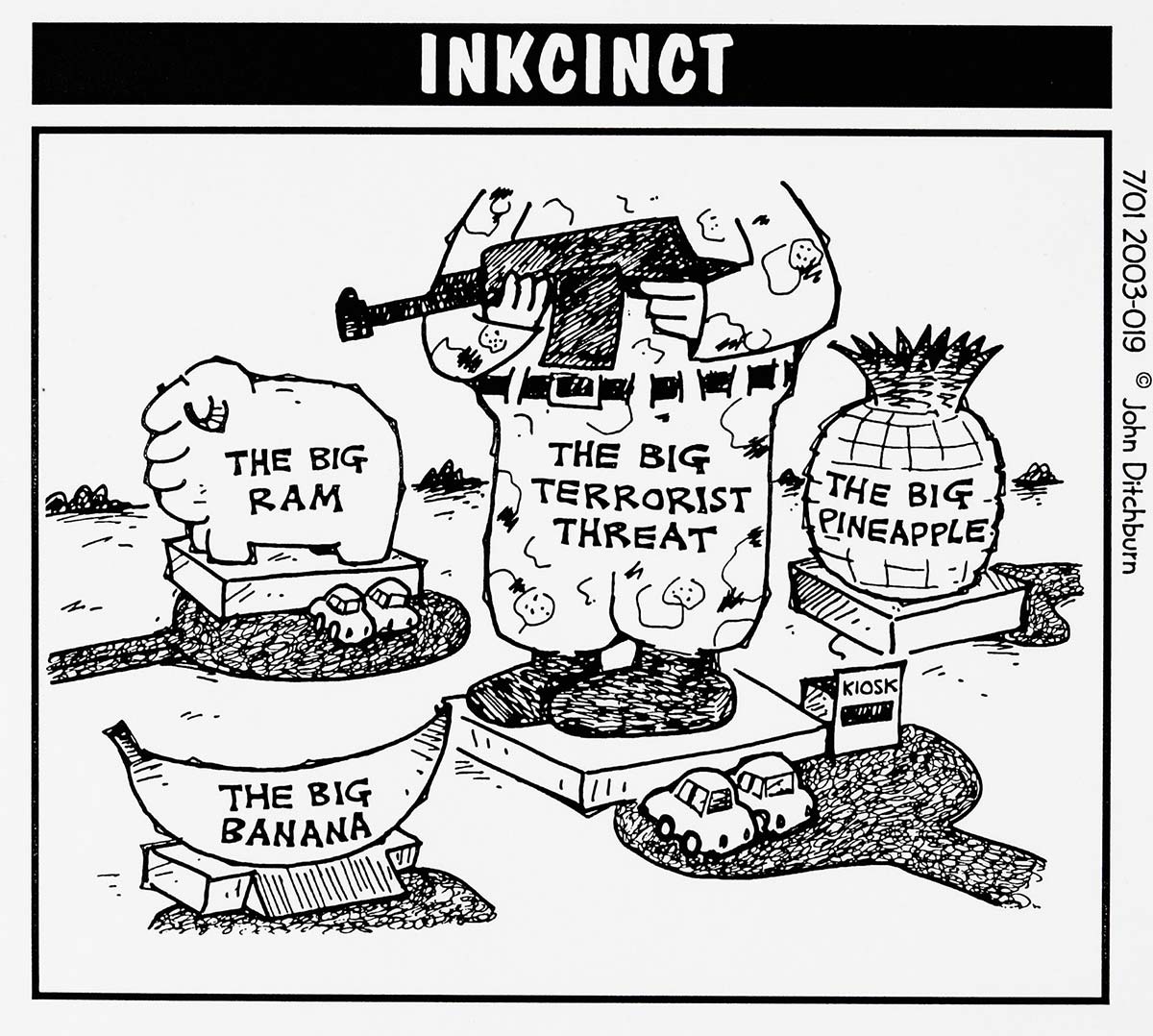 A cartoon depicting a group of 'big' tourist attractions. The Big Sheep, the Big Pineapple, the Big Banana. Among them is a stature of a man with a gun wearing camouflage. His head is out of frame. This statue is labelled the Big Terrorist Threat. - click to view larger image