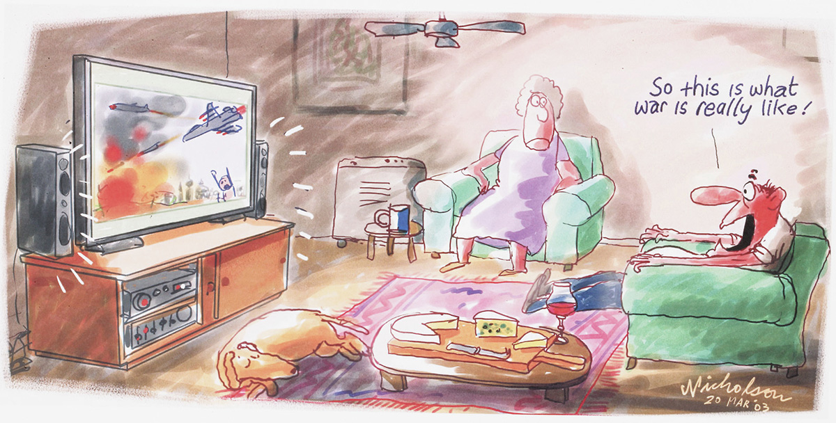 A cartoon of a couple watching television in their living room. On the television is a aircraft over a burning city. The man says 'So this is what was is really like!' - click to view larger image