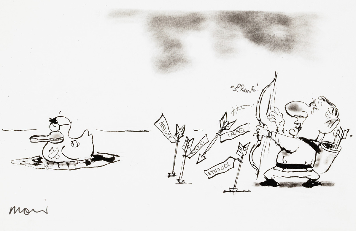 A cartoon depicting a man firing arrows at a duck, and missing repeatedly. The arrows are labelled, 'Abbott', 'Ethanol', 'Iraq'. - click to view larger image