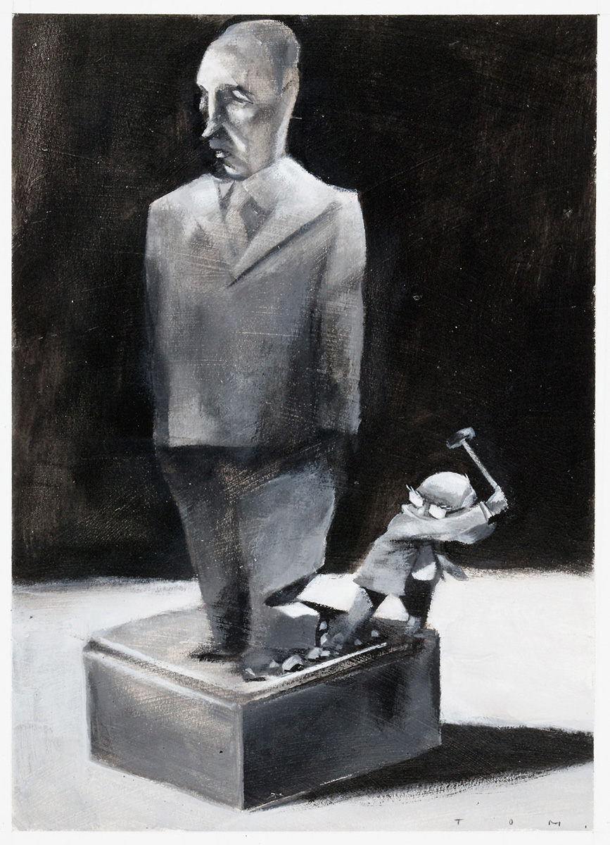A cartoon of John Howard, chopping down a statue of Paul Keating. - click to view larger image