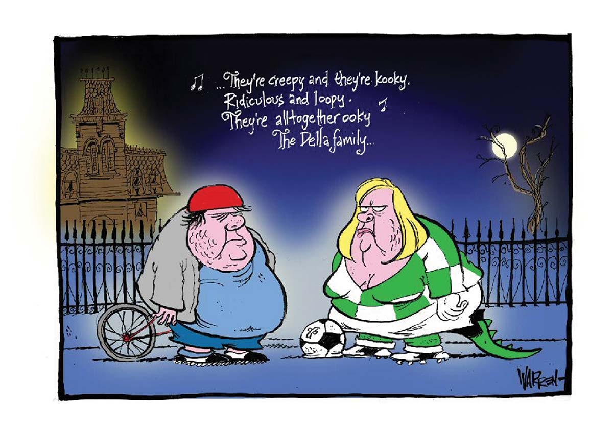 A night time scene with a Victorian-style house in the background and the moon seen through the branches of a leafless tree. In the foreground of the cartoon, standing in front of a spiked metal fence, are two short, fat, hulking people. The woman is blond, dressed in green soccer clothes, and has a lizard tail trailing behind her. Above their heads float the words '... They're creepy and they're kooky. Ridiculous and loopy. They're altogether ooky. The Della family ...' Musical notes float next to the text. - click to view larger image