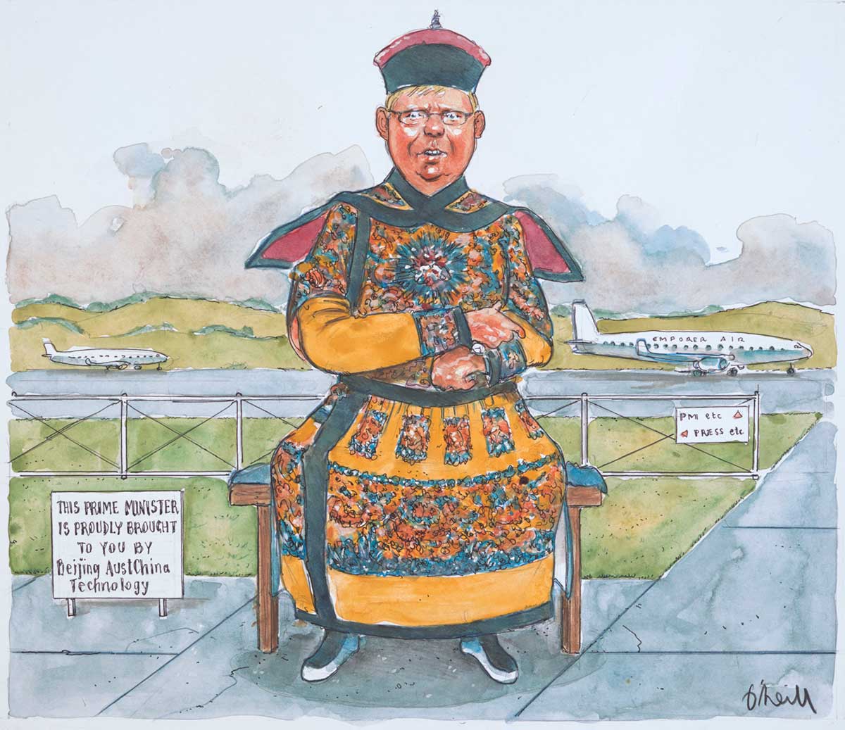 Kevin Rudd, dressed in a traditional Chinese costume in shades of green, yellow and red. He sits on a stool beside a sign which says 'This Prime Minister is proudly brought to you by Beijing AustChina Technology'. An aeroplane marked 'Emporer (sic) Air' sits on a runway in the background. A sign saying 'PM etc' points to the runway while another arrow directs 'PRESS etc' behind a fence. - click to view larger image