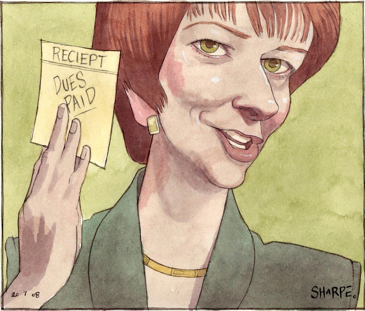 Political cartoon showing Julia Gillard's head and shoulders, her right hand is up and carrying a piece of paper which reads 'Reciept (sic): dues paid'. Gillard looks triumphant. She wears a green suit and gold necklace. - click to view larger image