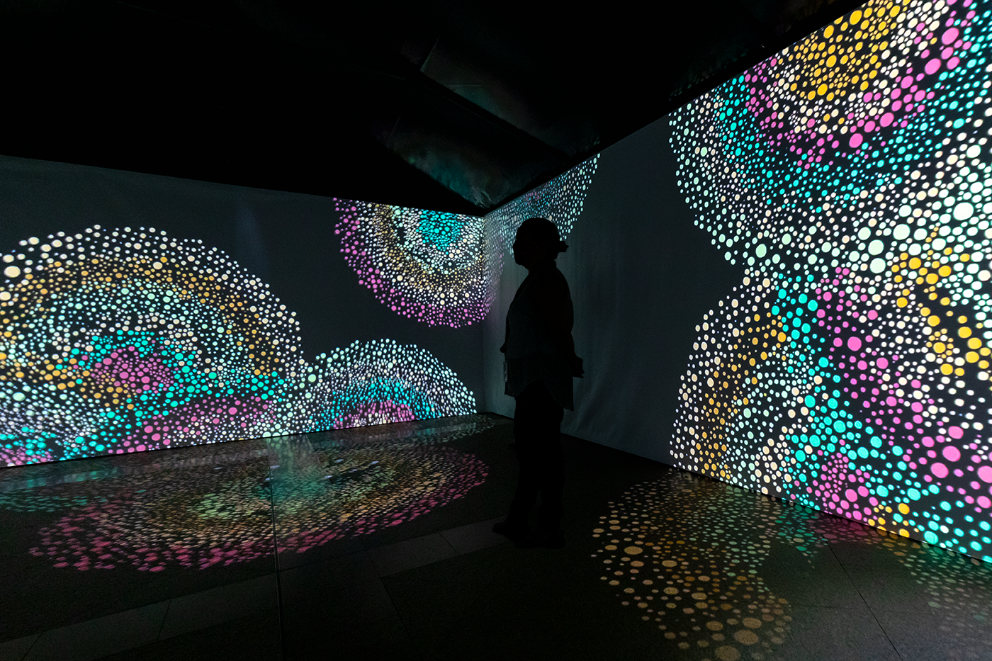 A person stands, side to camera, in silhouette before two large screens, at right angles. On the screens are projected a series of dots in pink, white, yellow and teal, forming concentric circles.