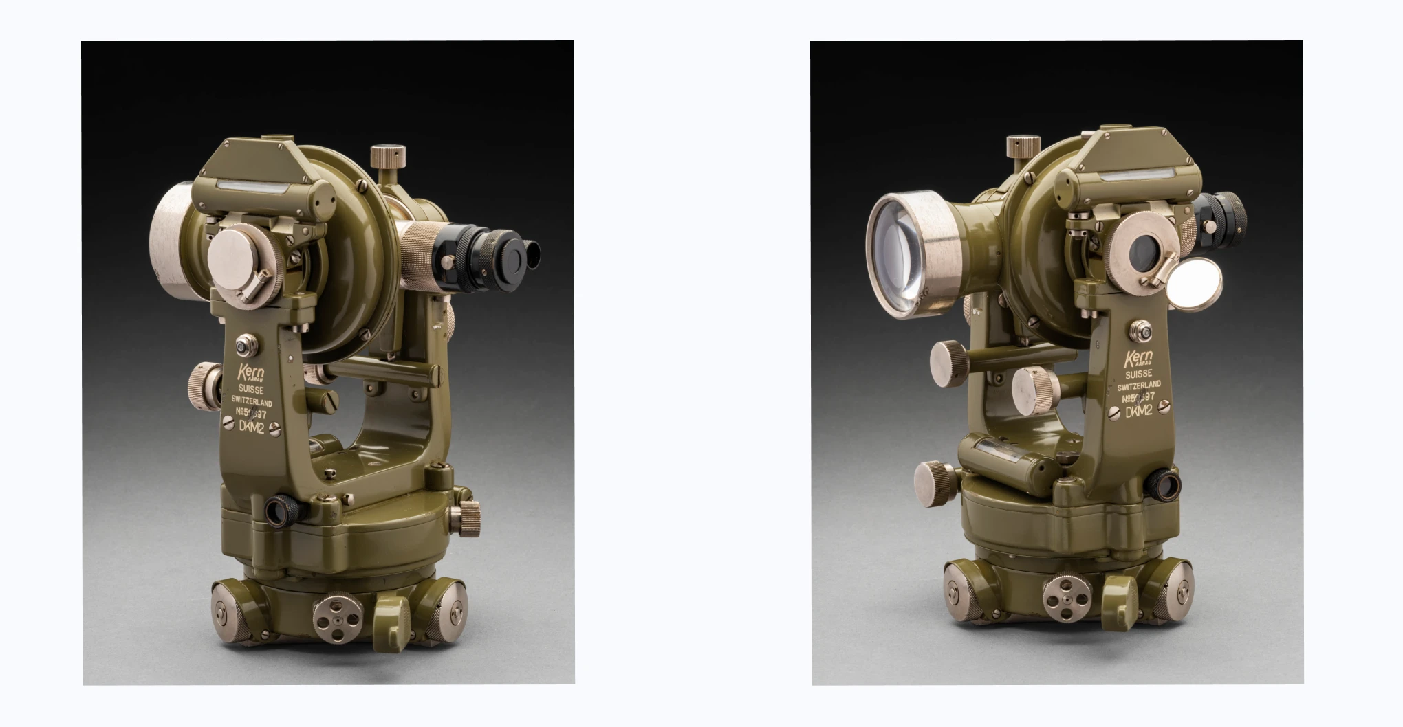  A green metal theodolite with black and silver fittings. The theodolite has a flat, round base plate (tribach) with levelling screw adjustments and a round, flat rotating main stage which is the telescope mount. There is a horizontal spirit level mounted on the stage. The telescope is mounted between two vertical arms, the bases of which are screwed to the main stage. There is an enclosed vertical degree scale on the side and a spirit level mounted on top. Below the spirit level there is a hinged silver metal flap with a mirror inside.