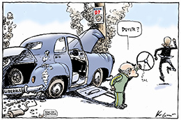 Cartoon showing an FJ Holden style car with a 'Liberals' numberplate, which has crashed into a pole which bears a 'Kevin 07' poster. John Howard, wearing a green and gold tracksuit, stands outside the car holding the steering wheel, saying 'Peter', as Peter Costello runs away. A small creature at the bottom of the cartoon says 'How ungrateful