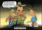 Cartoon of John Howard and Brendan Nelson standing together in army uniforms draped in the Australian flag. They tell Kevin Rudd as Tin Tin, who stands with his cancelled 'Sunrise' contract: 'Let that be a lesson to you, son - only a hypocrite plays politics with Anzac Day'.