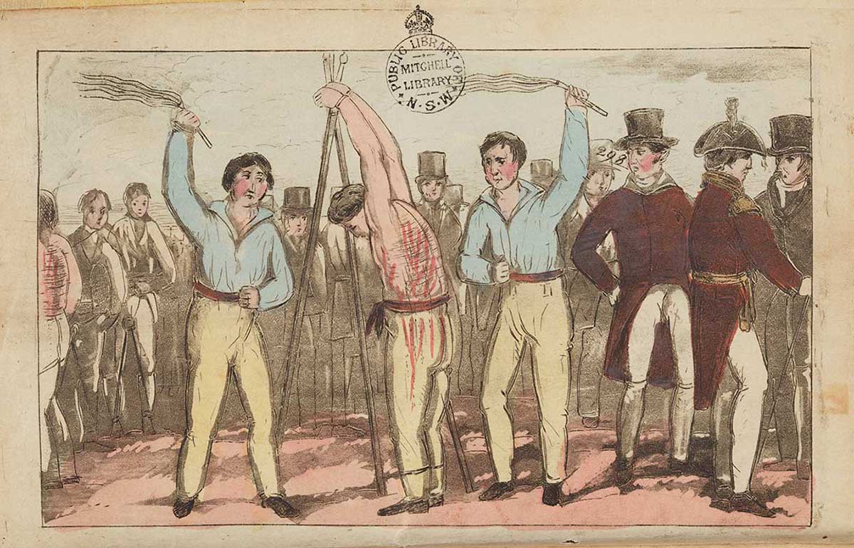 Illustration of a man being whipped by two men.