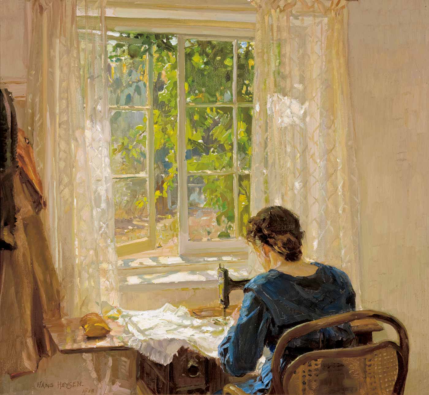 Oil painting showing back view of a woman in a blue dress, seated at a sewing machine, beside a window looking into a lush garden.