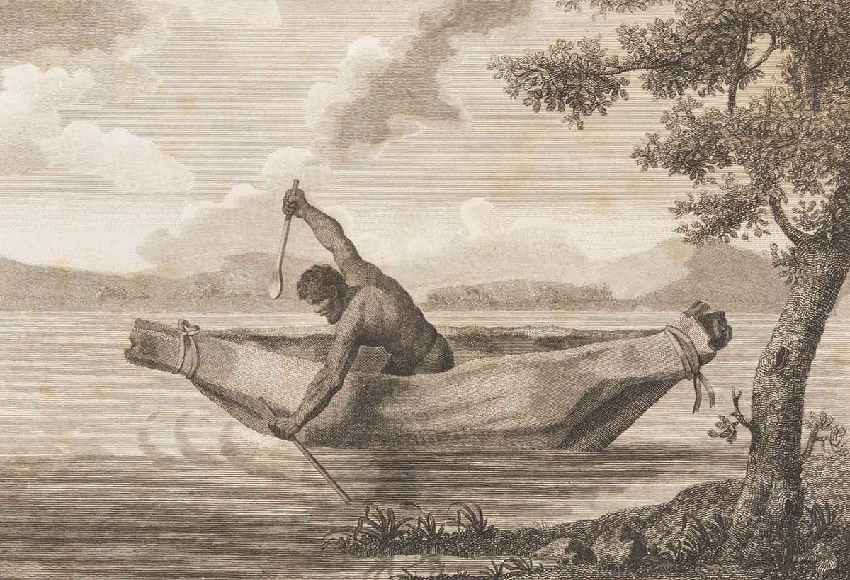 Engraving featuring a man in a canoe, leaning over the side with a spear poised above his right arm. - click to view larger image