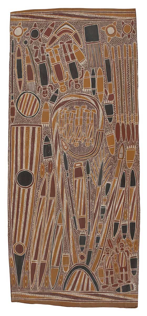 A bark painting worked with ochres on bark. It depicts a central snake encircling four figures with a large wedge-shaped object on the left. The painting also contains groups of figures, spears, rounded star shapes, oval shapes, sticks and footprints. The painting has a red background with white dots. - click to view larger image