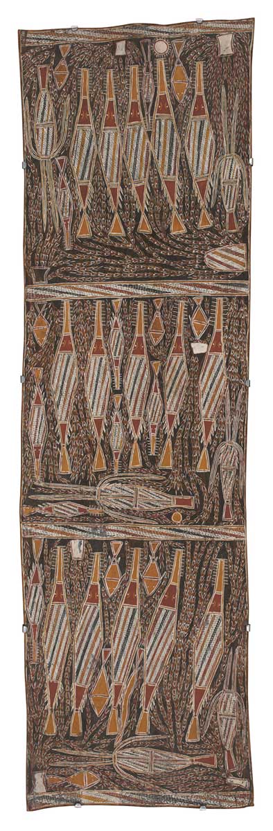 A bark painting worked with ochres on bark. The painting is divided into three panels by two crosshatched horizontal lines. The top panel depicts five large swordfish, two small swordfish, two diver ducks, two small fish, four rectangular objects and a circular jellyfish. The central panel depicts five large and five small swordfish, two diver ducks, three small fish and a small yellow circle. The lower panel depicts five large and one small swordfish, two diver ducks, three anemones, four fish and a sea snake.The painting has a background of dotted lines on a black surface. - click to view larger image
