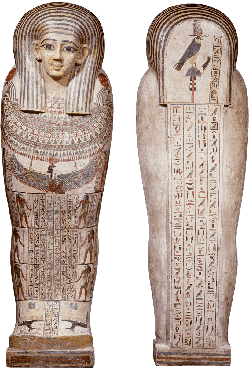 The front and back view of a coffin.
