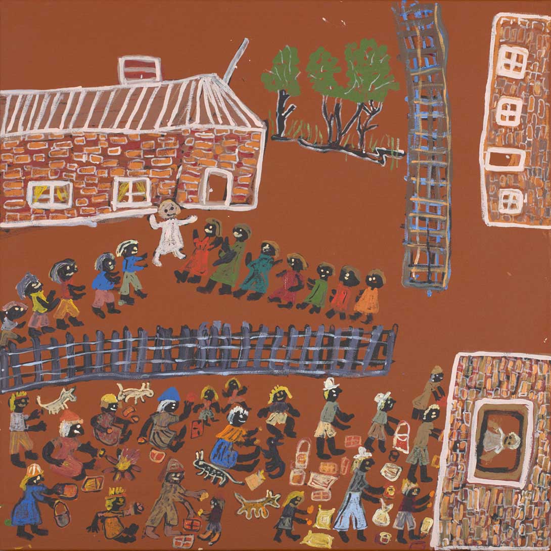 An acrylic painting on canvas showing brick buildings and groups of people, some working with or trading goods, and some standing in lines. - click to view larger image