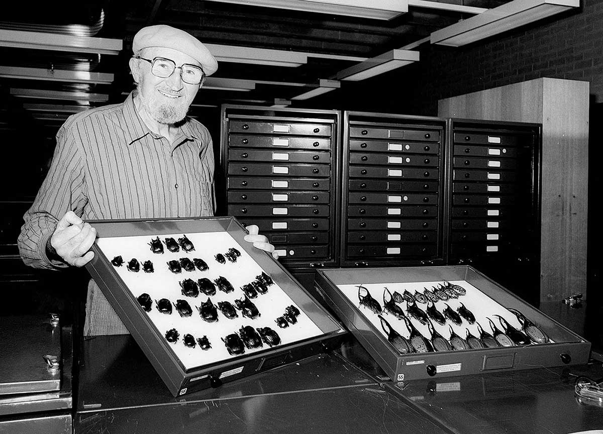 A man is holding up a display case of preserved dung beetles in a science laboratory. - click to view larger image