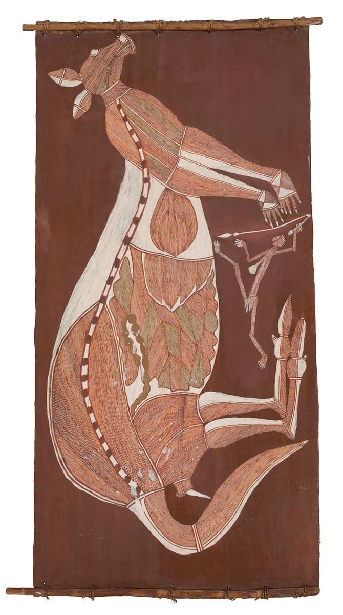 A bark painting worked with ochres on bark and on wooden restrainers. It features a kangaroo and Mimi figure. The kangaroo is painted with red, white and green hatching. The figure is painted in red and white. The painting has a red background. - click to view larger image