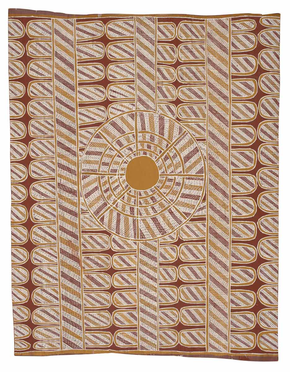 A bark painting worked with ochres on bark. It depicts a central yellow shape surrounded by a concentric circle of cross hatched design. The painting has double columns of crosshatched rectangular shapes with rounded ends separated by further columns of diagonal crosshatching. The painting has a dark red background. - click to view larger image