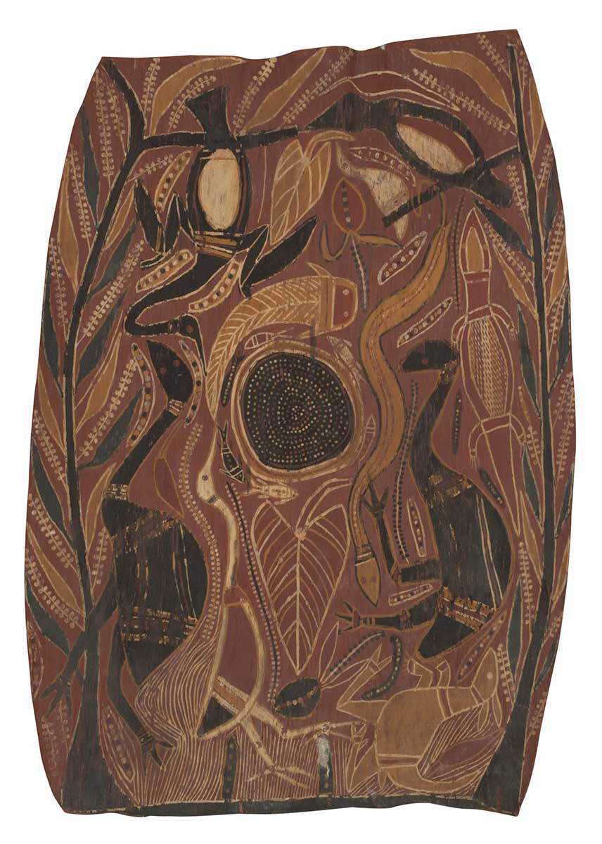 A bark painting worked with ochres on bark. It depicts a central waterhole painted in black with coloured dots.This is surrounded by plants, roots, fish, a snake, a goanna, an emu, a wallaby and birds. These are painted in black, white, yellow and red.The long sides of the bark curve outwards. The painting has a red background. - click to view larger image
