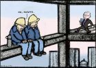 Cartoon of two construction workers sitting on a beam high up on a building site as Kevin Rudd, dressed as a preacher, approaches.