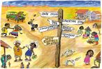 Cartoon depicting various scenes in a remote Indigenous community, with a sign post indicating prospects for education, career, jobs and hope being thousands of kilometres away, but the wet canteen only 50 metres away.