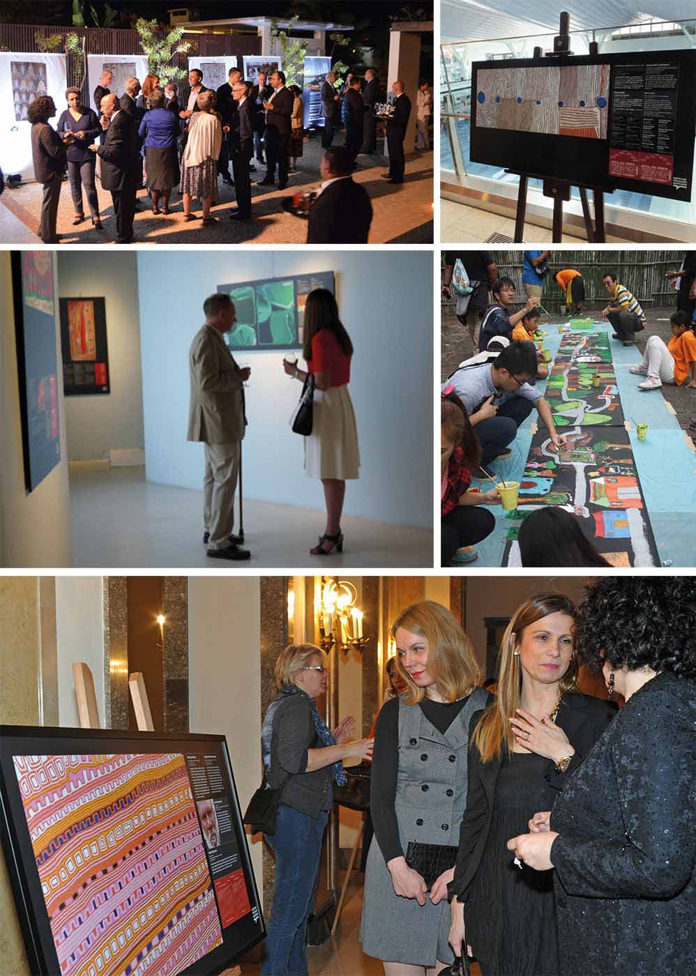Group of four images showing people looking at Indigenous artworks and a fifth image of people taking part in a group art project.