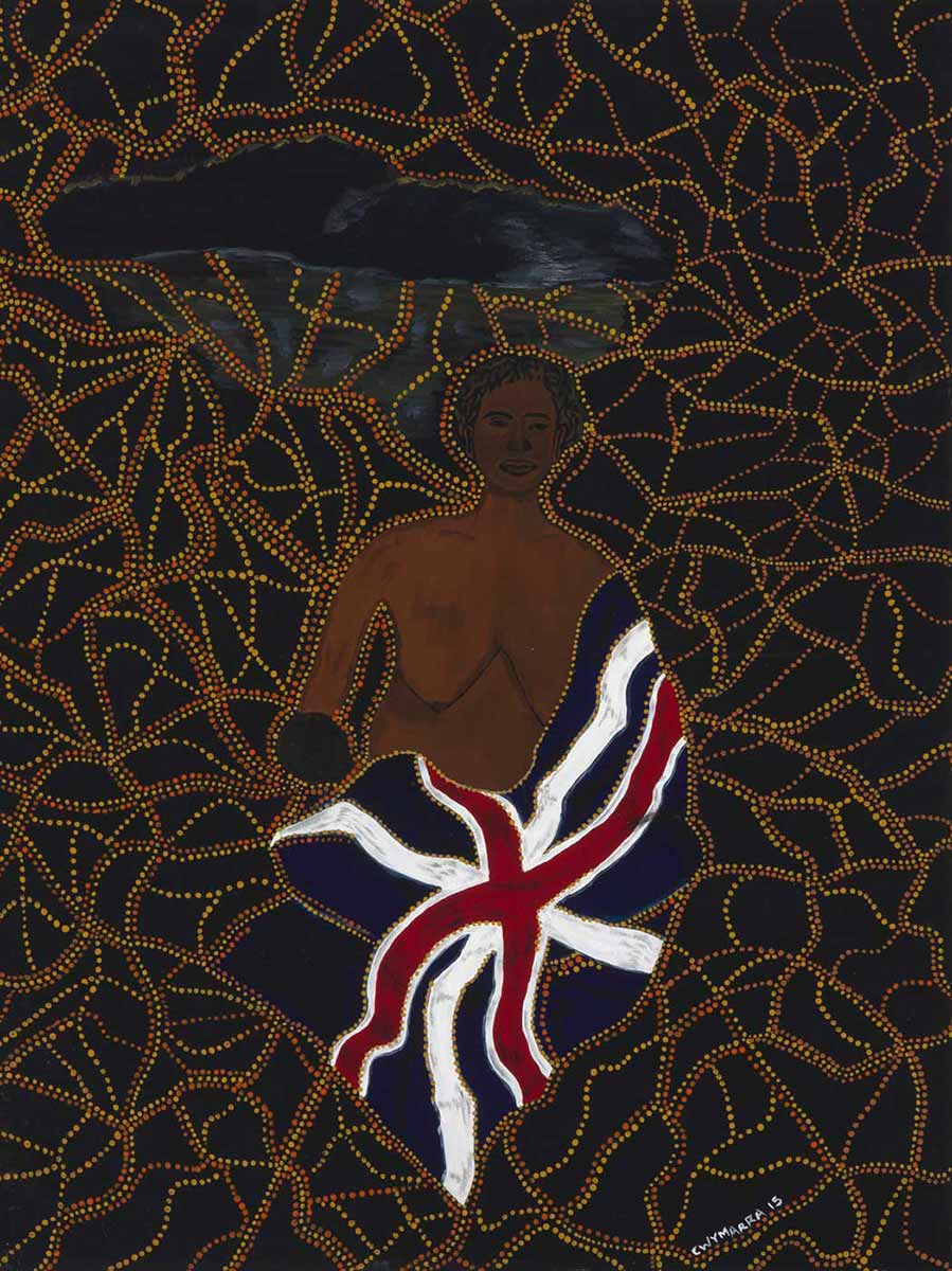 A painting in acrylic and ochre on canvas, depicting an Australian Aboriginal woman wrapped in the Union Jack flag. The background is painted black, over painted with dotted lines in yellow and orange. - click to view larger image