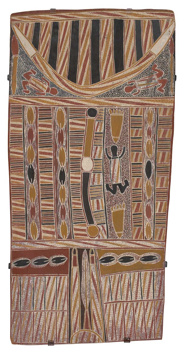 A bark painting worked with ochres on bark. The painting is divided into three panels with the upper panel depicting a boomerang with two figures lying below it and above, a vertical design of alternating black and crosshatched columns. The central panel has five vertical columns set against a background of horizontal bands. Three of the vertical designs have a chain motif while another depicts a human figure between two footprints. The lower panel depicts a feathered object between two poles. There are ten crosshatched panels to the left of this and twelve to the right. - click to view larger image