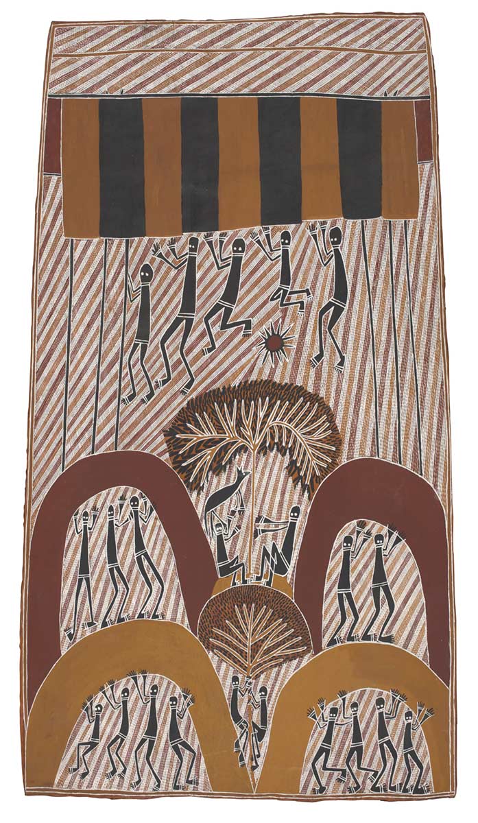 A bark painting worked with ochres on bark. It features two horizontal bands of crosshatching at the top of the painting below which is a panel of broad black and yellow vertical stripes. Underneath these are five black human figures and a small sunshaped motif.The lower section of the painting is made up of two yellow arches with two red arches above these and two central tree shapes. There are black human figures enclosed by the arches and beside the tree trunks. The painting has a crosshatched background. - click to view larger image