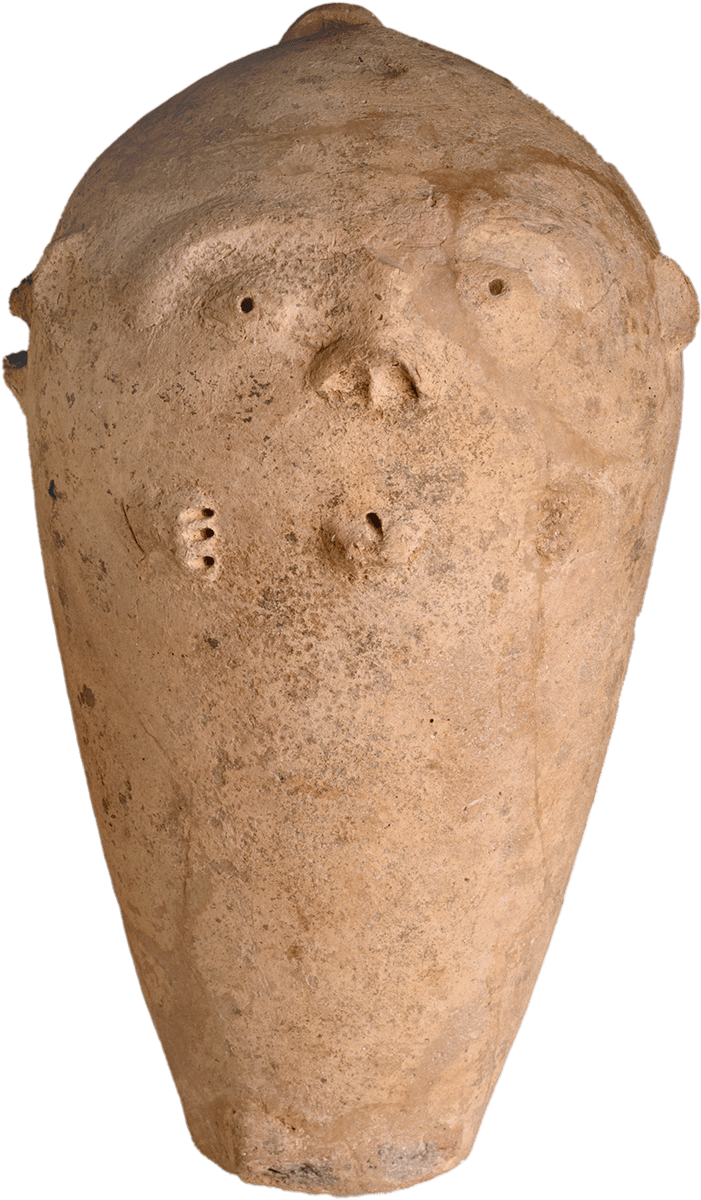 An upright oval ceramic jar, with a face shaped into the top half.