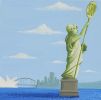 Illustration of John Howard as the Statue of Liberty holding up a 'Stop' sign at the entrance to Sydney harbour.