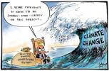 Cartoon of John Howard on a floating throne at the beach with a sack labelled, 'Taxpayer funded advertising budget' bobbing beside him  saying, 'I want everybody to know I'm no Johnny-come-lately on this subject'. A giant tsunami-like wave labelled 'Climate change' is about to break on him.