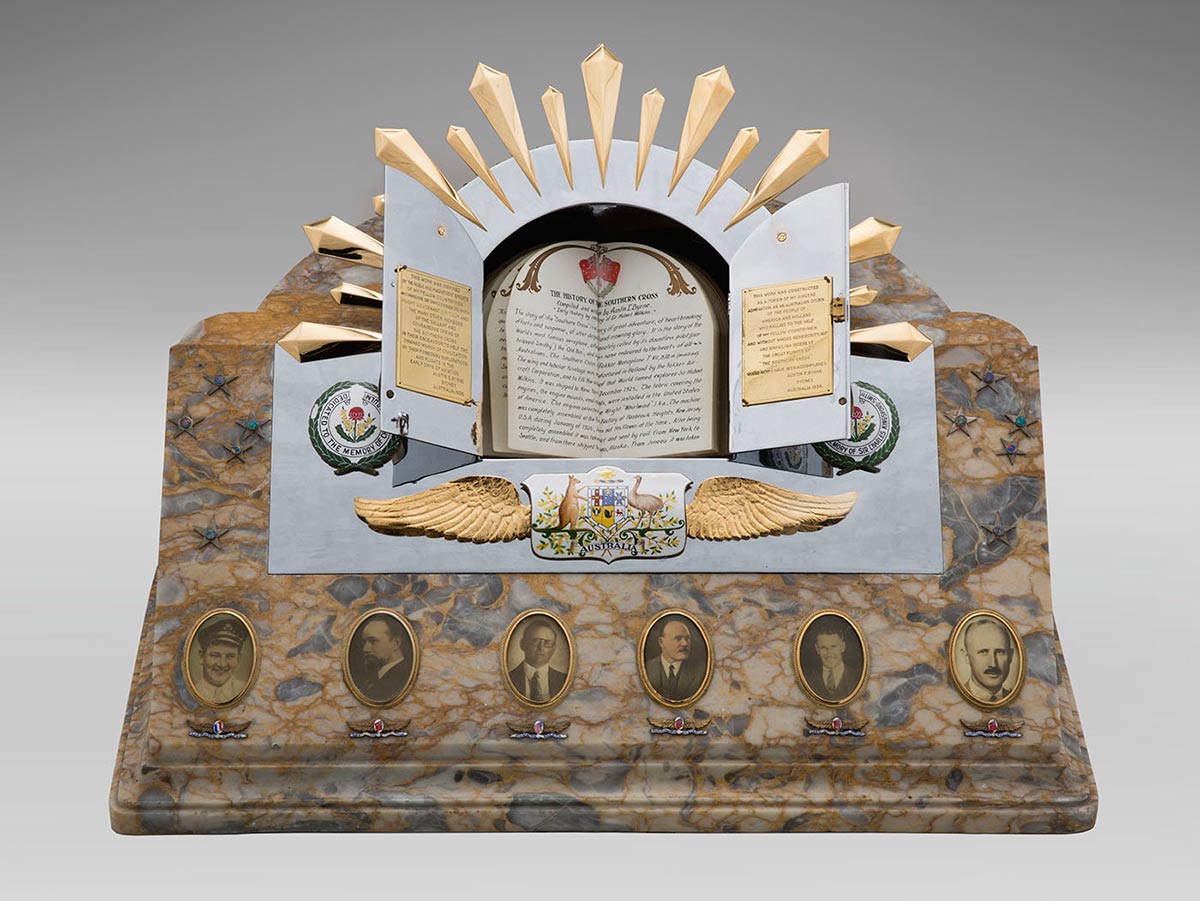  'Shrine of Remembrance', marble and brass presentation piece to hold handwritten book. - click to view larger image