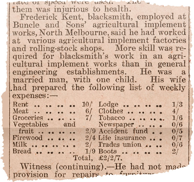 Newspaper clipping reporting on Justice Higgins' questioning of workers and housewives on how much it cost them to live.