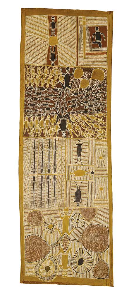 An Australian Indigenous painting on bark. The bark is arranged in portrait format ie the vertical sides are longer than the horizontal sides. The painting is divided into four main areas. Each area is filled with traditional patterns and representations of animals and humans. The colours in the painting are earth tones ie reds, browns, yellows and ochres.