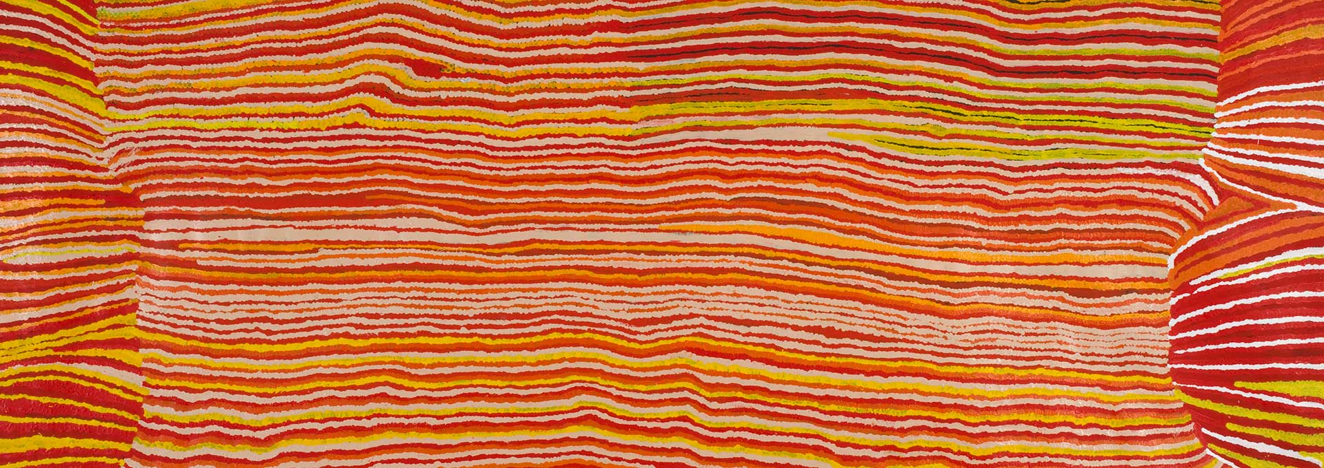 A long horizontally striped painting on canvas in red, orange, yellow white and beige wavy lines. At both ends are sections of horizontal stripes that are offset and at different angles from the central section. The right side has more white and dark red stripes while the left side has more yellow stripes.