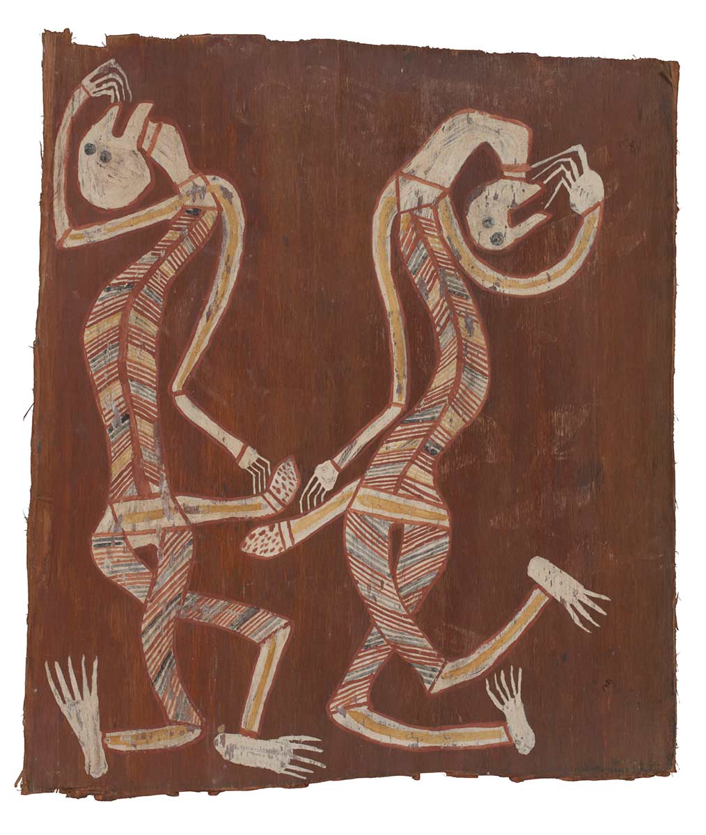 A bark painting worked with ochres on bark. It depcits two male Mimi spirits dancing. Each figure has his head thrown back, a hand over his mouth and his legs crossed and twisted. The figures are painted white with red outlines and have red, black and yellow parallel lines on their bodies. The painting has a red background. - click to view larger image